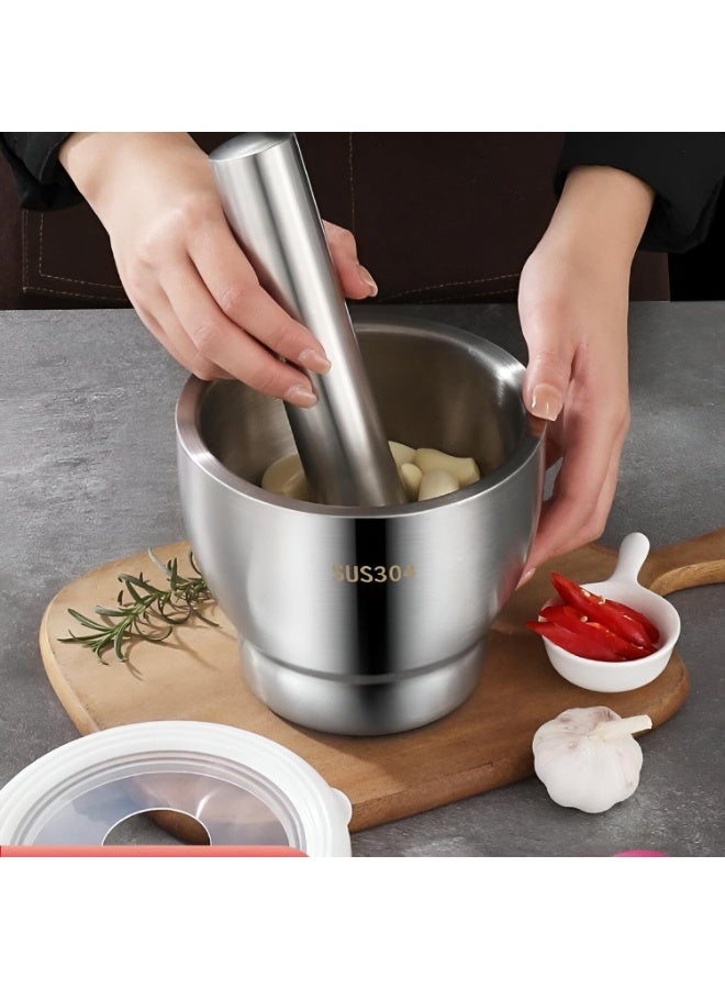 هاون فاخر من الفولاذ المقاوم للصدأ بقاعدة وغطاء متينين للاستخدام اليومي في المطبخ. تصميم مصبوب صلب لطحن التوابل والأعشاب بسهولة. - Image 2